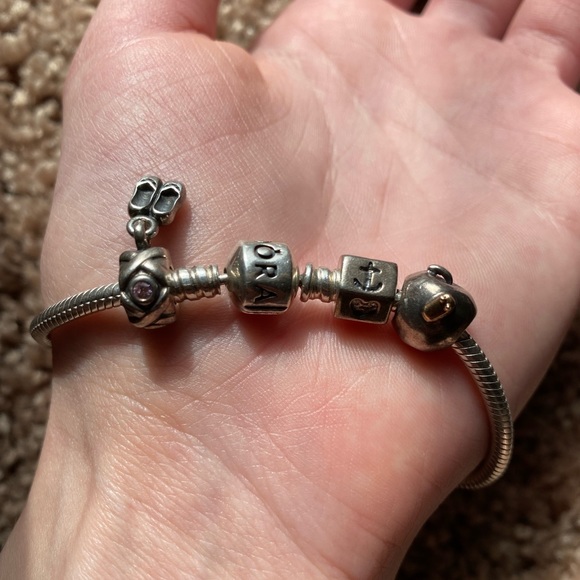 Pandora Charm Bracelet Authentic 7inch with three pandora charms - Picture 2 of 6